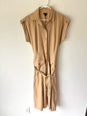 Ann Taylor Linen Blend Midi Utility Shirt Dress Tan Camel Safari Belted Gold